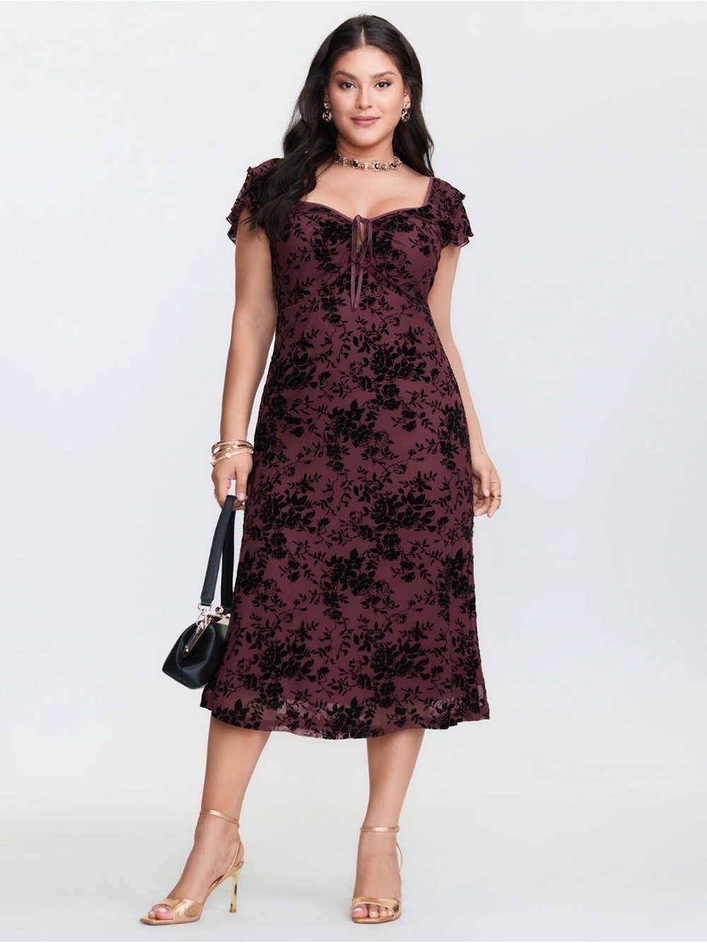 Floral Flocked Mesh Ruched Drawstring Midi Dress
